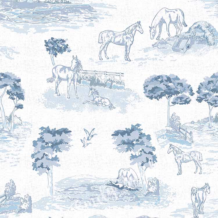 Pastoral Horses Equine Toile Slate Blue peel and stick wallpaper pattern swatch